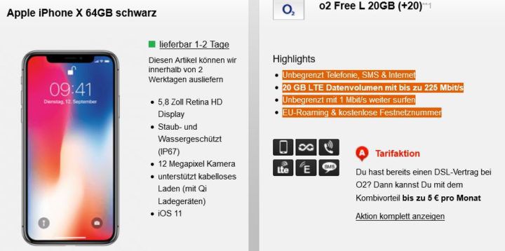 iPhone X 64GB für 49,95€ + o2 Free XL AllNet & SMS Flat mit 20GB LTE für 59,99€ mtl.