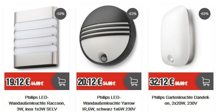 Home & Living Sale bei Top12.de   z.B. Philips LED Wandaußenleuchte Raccoon für 21,24€ (statt 30€)