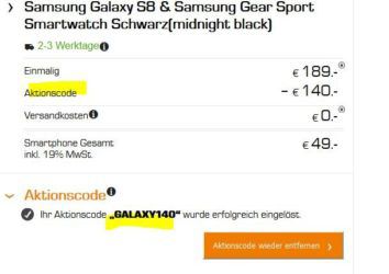 Samsung S 8 & Gear Sport Smartwatch für 49€ + Vodafone AllNet Flat + 2GB für 24,99€ mtl.