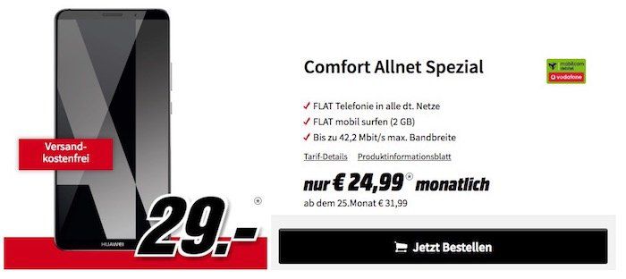 Huawei Mate 10 Pro für 29€ + Vodafone Comfort Allnet Spezial mit 2GB für 24,99€ mtl.