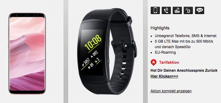 Samsung Galaxy S8 + Gear Fit2 für 29€ + Vodafone Allnet Flat mit 5GB LTE für 41,99€ mtl.