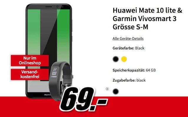 Huawei Mate 10 lite & Garmin Vivosmart 3 für 69€ + Vodafone Smart Surf mit 2GB für 11,99€ mtl.