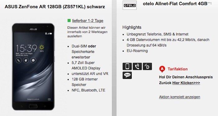 Asus ZenFone AR 128GB für 1€ + Vodafone Allnet Flat mit 4GB für 24,99€ mtl.