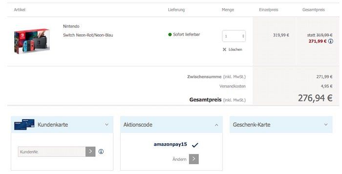15% Rabatt bei Karstadt dank Amazon Pay   z.B. Nintendo Switch ab 271,99€