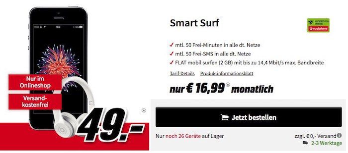 iPhone SE + Beats Solo 2 für 49€ + Vodafone Smart Surf mit 2GB für 16,99€ mtl.