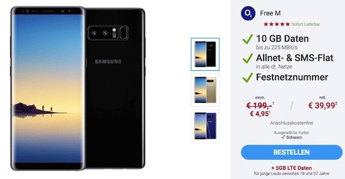 Sparhandy Oster Ei Lights: Samsung Galaxy Note 8 nur 4,95€ + o2 Free M mit 10GB LTE nur 39,99€ mtl.