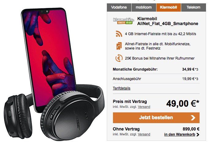 Knaller! Huawei P20 Pro nur 49€ + gratis Bose Kopfhörer + Vodafone Flat mit 4GB nur 34,99€ mtl. oder P20 mit 2GB  für 26,99€ mtl.