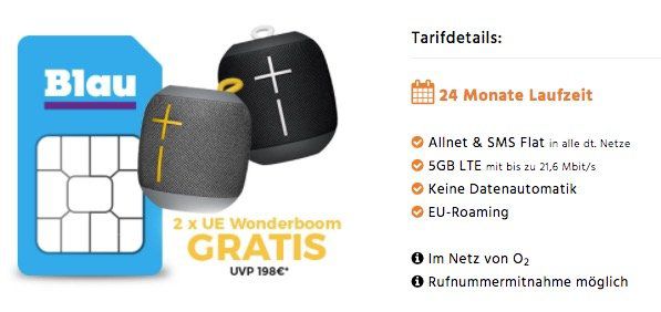 o2 Allnet XL mit 5GB LTE ohne Datenautomatik für 14,99€ mtl. + 2er Pack UE Wonderboom Lautsprecher gratis (Wert 120€)