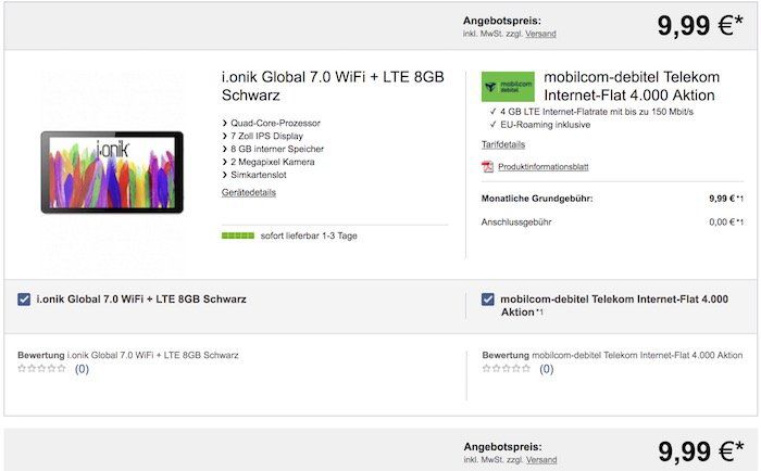 KNALLER! 4GB Telekom LTE Datentarif für 9,99€ mtl. + i.onik Global 7.0 Tablet für 9,99€