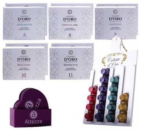 Celeste d'Oro Probierpaket - 100 Kapseln Nespresso kompatible + gratis Kapselhalter + Untersetzer für 29,99€ Celeste dOro Probierpaket 100 Kapseln Nespresso kompatible + gratis Kapselhalter + Untersetzer für 29,99€