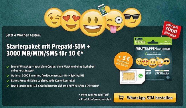 WhatsApp Prepaid Sim mit 3.000 Einheiten + 5€ Bonus für 10€