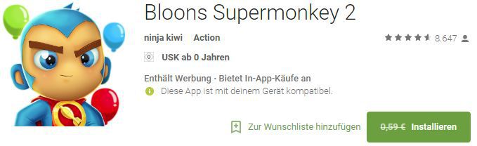 Bloons Supermonkey 2 (Android/iOS) gratis statt 0,59€