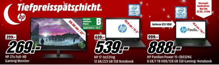 Media Markt HP Tiefpreisspätschicht: günstige Gaming Desktop PCs, Notebooks & Convertible, Monitore und Drucker