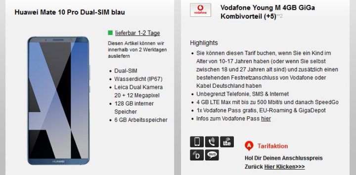 Vodafone Young M   AllNet & SMS Flat + 4GB LTE + Top Handys z.B. Huawei Mate 10 Pro für 22,99€ mtl.