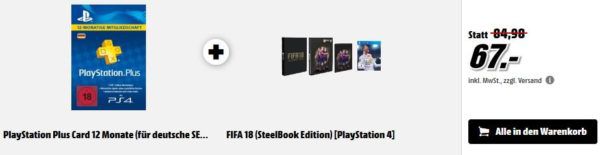 PlayStation Plus Card 12 Monate + FIFA 18 SteelBook Edition statt 80€ für 67€ uvm. im Media Markt Dienstag Sale