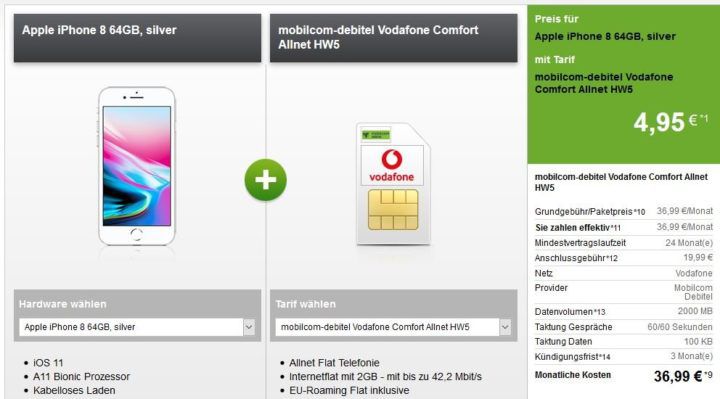 Top Smartphone z.B. iPhone 8 für 4,95€ + Vodafone AllNet Flat + 2 GB Daten für 36,99€ mtl.
