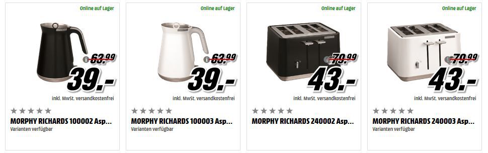 Morphy Richards Wasserkocher für 39€ oder 4 Schlitz Toaster für 43€