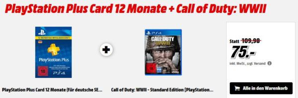 PlayStation Plus Card 12 Monate + Call of Duty: WWII für 75€ (statt 97€) uvm. im Media Markt Dienstag Sale