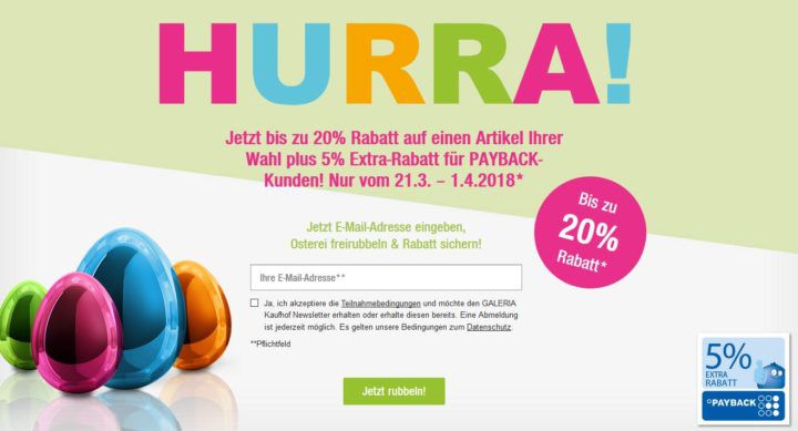 Galeria Kaufhof: Oster Rubbeln mit bis zu 20% + 5% extra Payback Rabatt  auf einen Artikel nach Wahl bis Mitternacht!