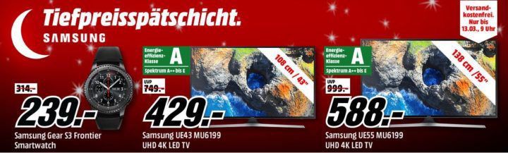 Media Markt Samsung Tiefpreisspätschicht :  günstige Fernseher, Smartwatches & VR, Monitor & Tablets