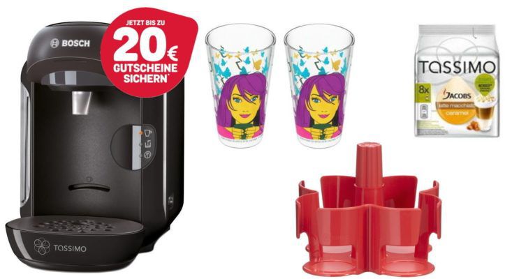 Bosch TASSIMO VIVY Kapselmaschine + Latte Macchiato Kapseln + 2 Ritzenhoff Gläser + Dispenser für 39,99€ + 20€ Kapsel Gutschein