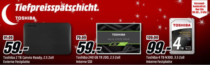 Media Markt Toshiba Speicher Tiefpreisspätschicht: TOSHIBA 4 TB Canvio für Desktop für 88€ (statt 129€)