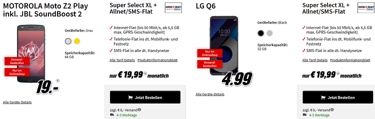 Super Select XL mit 5,5 GB + Allnet Flat für 21,24€ mtl. mit verschiedenen Smartphones ab 1€