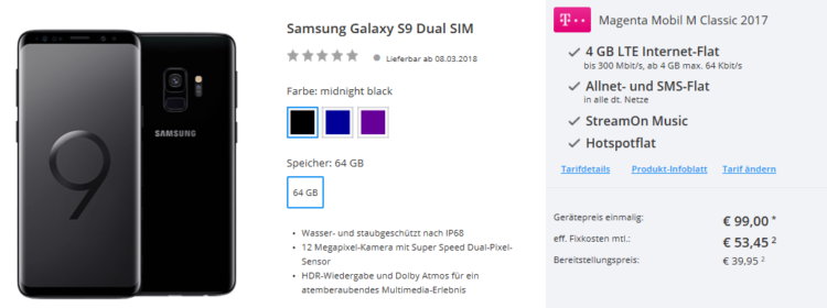 Samsung Galaxy S9 Dual Sim mit 64 GB für 138,95€ + Magenta Mobil M Classic mit 4 GB LTE Daten für eff. 53,45€