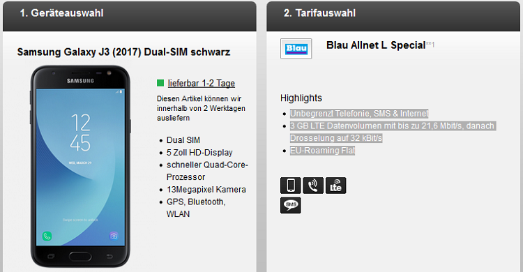 Samsung Galaxy J3 (2017) für 4,95€ + Blau Allnet L mit 3 GB LTE für 12,49€ mtl.