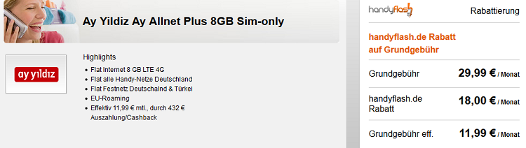 Ay Yildiz Ay Allnet Plus mit 8GB LTE für 11,99€ mtl. dank Cashback