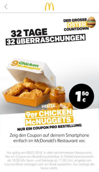 Info: McDonalds Oster Countdown   heute 9er Chicken McNUGGETS für nur 1,50€!