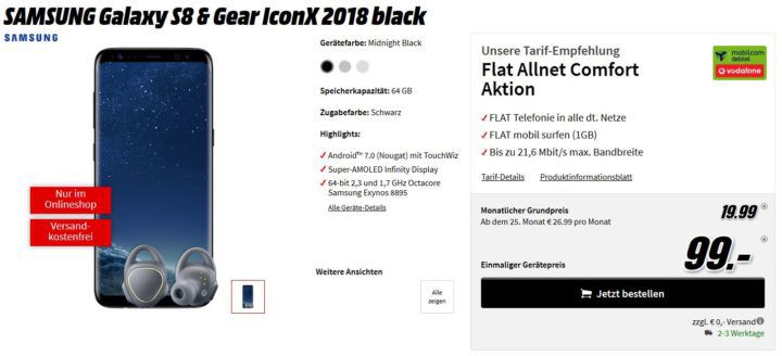 Top! Samsung S8 + Gear IconX für 99€ (Wert 687€) + Vodafone Allnet Flat + 1GB Daten für 19,99€ mtl.