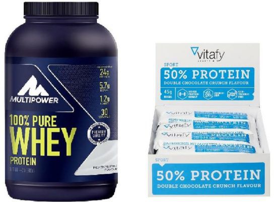 1 x 100% Pure Whey Protein Natural (900g) + 1 x Vitafy Essentials 50% Protein Riegel (12x45g) für nur 28,09€