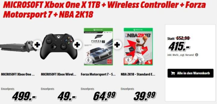 XBox One X 1TB + Forza Motorsport 7 + NBA 2K18 + Wireless Controller für 415€