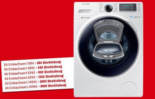 Samsung Waschmaschinen mit bis zu 200€ Sofort Rabatt   z.B. Samsung WW7RJ5535MW für 399€ (statt 459€)