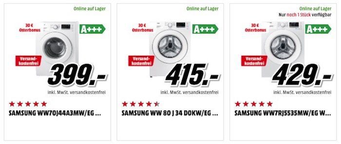 Samsung Waschmaschinen mit bis zu 200€ Sofort Rabatt   z.B. Samsung WW7RJ5535MW für 399€ (statt 459€)