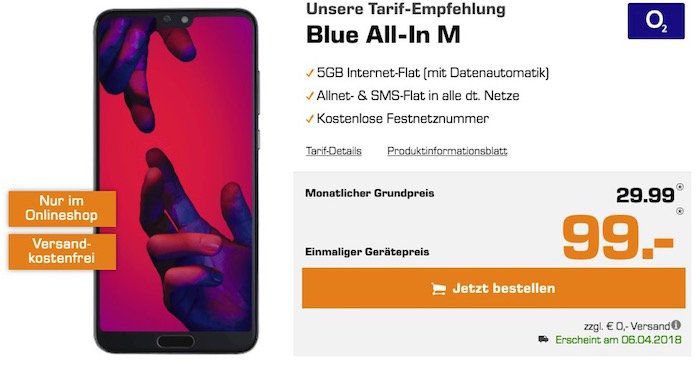 Knaller! Huawei P20 Pro für 99€ + o2 Blue All In M mit 5GB LTE für 29,99€ mtl. + ggf. gratis Bose Kopfhörer im Wert von 294€