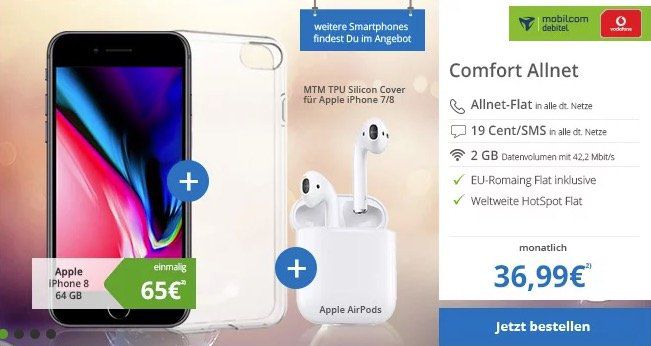 iPhone 8 + Apple Airpods für 65€ + Vodafone Flat mit 2GB für 36,99€ mtl.