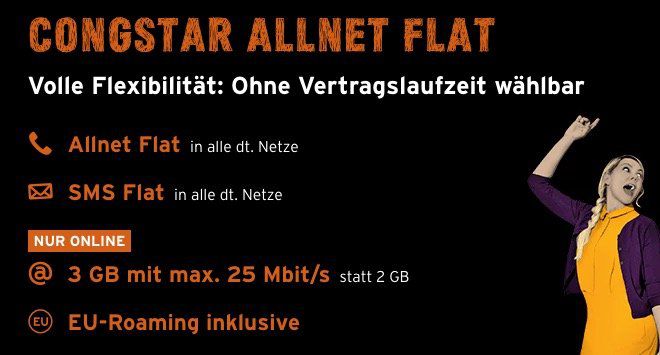 Preisfehler? 3 Monate Congstar Allnet Flat mit 3GB komplett gratis (ohne Laufzeit!)   Wert 80€!