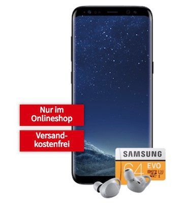 Samsung Galaxy S8 + Gear IconX + 64GB Speicherkarte für 4,99€ (Wert 631€) + Vodafone 50 Min./SMS + 1GB Daten für 19,99€ mtl.