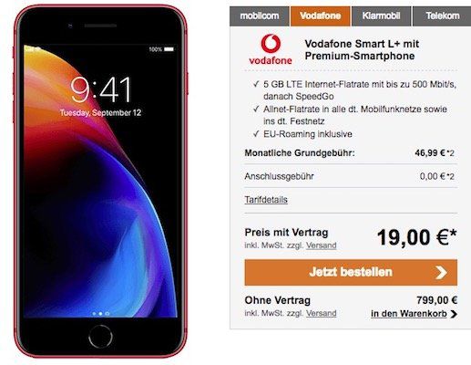 iPhone 8 in Rot für 19€ + Vodafone Smart L+ mit 5GB LTE für 46,99€ mtl.