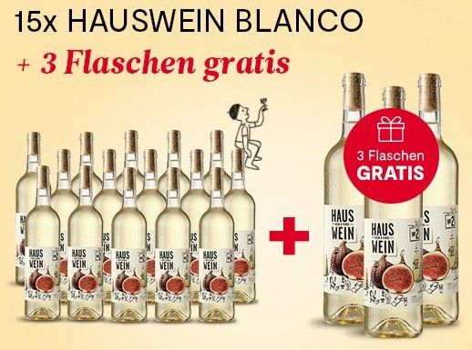 15 Flaschen Hauswein Nr. 2 Blanco + 3 Flaschen gratis für 67,50€