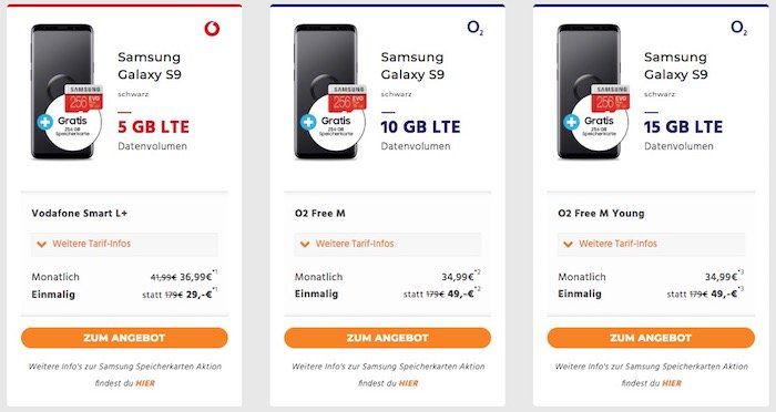 Samsung Galaxy S9 für 29€ + Vodafone Smart Allnet Flat mit 5GB LTE für 36,99€ mtl. + 256GB Speicherkarte gratis (Wert 99€)