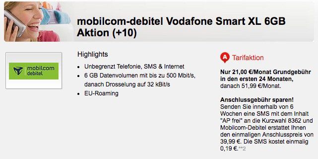 Vodafone Smart XL Allnet Flat mit 6GB LTE für 21€ mtl.