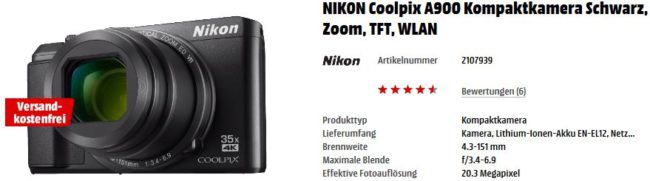 Media Markt Foto Late Night: z.B. NIKON Coolpix A900 Kompaktkamera für 277€ statt 315€
