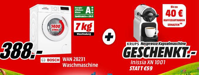 BOSCH WAN28231 Waschmaschine + KRUPS Nespresso Inissia Kapselmaschine + 40€ Kaffee Gutschein für 388€ (statt 527€)