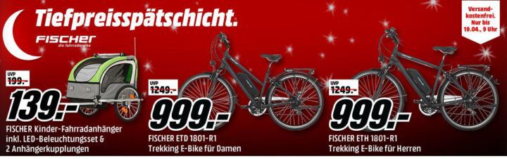 Media Markt Fisher Tiefpreisspätschicht   eBikes und Zubehör z. B. FISCHER eTrekkingrad für 999€