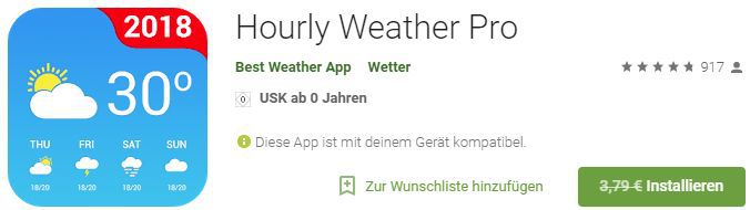 Hourly Weather Pro (Android) gratis statt 3,79€