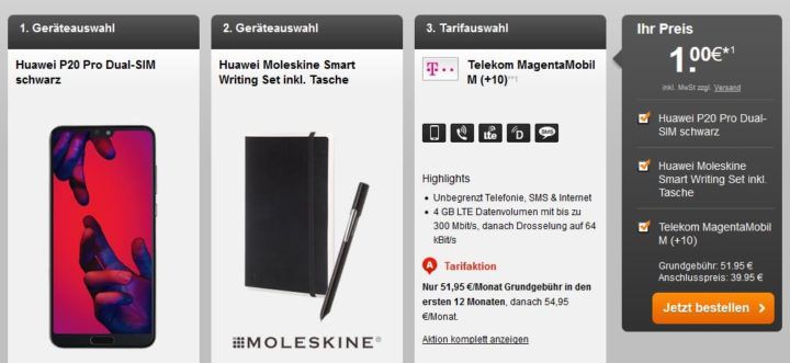 Top! Huawei P20 Pro + Moleskin Set für 1,  € + verschiedene Magenta Verträge ab 39,95€ mtl.