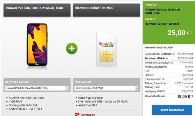 Huawei P20 Lite, Dual Sim 64GB für 25€ (o.a. Top Phones) + Telekom AllNet & SMS Flat + 2GB Daten für 19,99€ mtl.